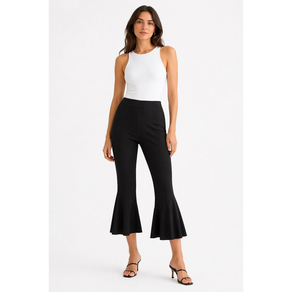 Carbon38 Dubai Flounce Flare Pants L Black Cropped Chic Minimalist Athleisure